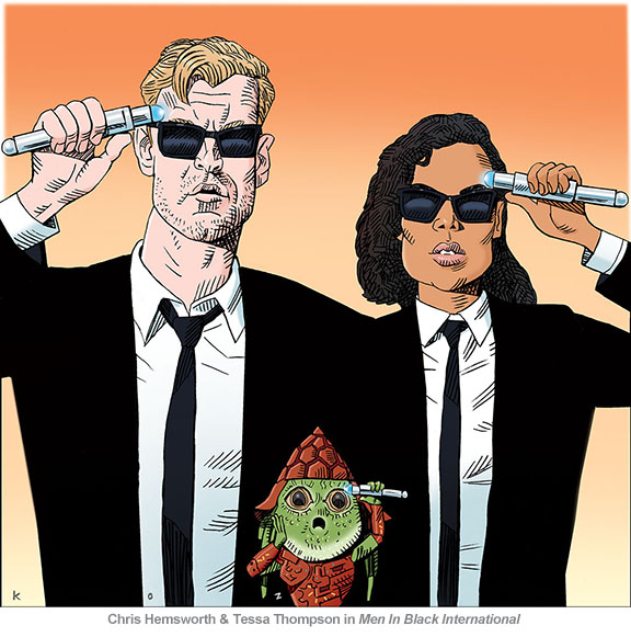 Chris Hewsworth & Tessa Thompson & Pawny neuralyzing themselves in a spoof of Men In Black International