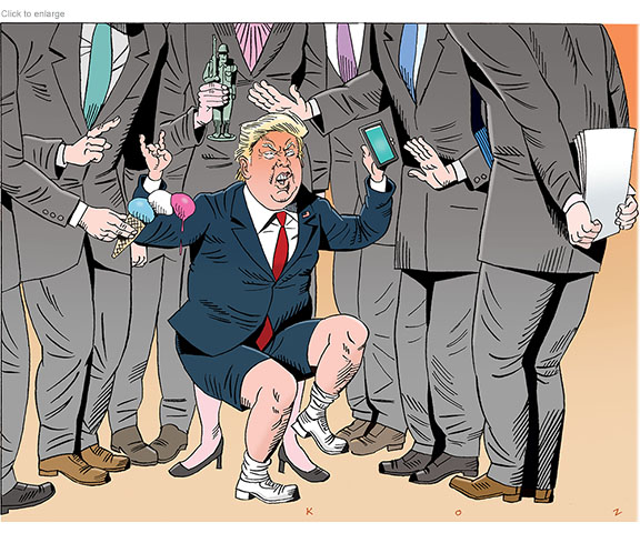 President Trump as small petulant child in suit with shorts having a fit surrounded by adult advisors.