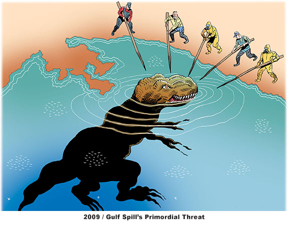 Political cartoon of the oil spill in the Gulf of Mexico in 2009 transformed into a floating dinosaur like a T-Rex with it's head above the surface as five workmen, two in hazmat suits, try to keep the beast at bay with sharp poles.