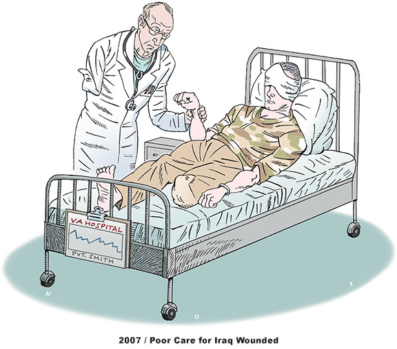 Political cartoon of a wounded U.S. soldier from Iraq wearing a bandage over his head and missing his left lower leg in a Veterans Administration hospital bed having his pulse taken by a one-armed doctor in a lab coat representing the incomplete care returning soldiers receive from the government. 
